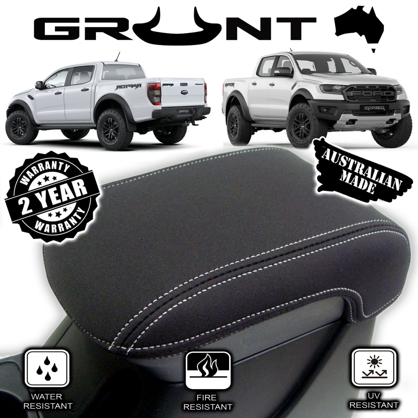 Grunt 4x4 neoprene center console lid cover wetsuit for Ford Ranger Raptor 09/2018 - 2022
