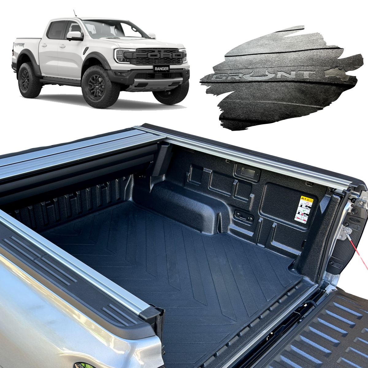 Grunt 4x4 Heavy Duty Moulded Rubber Ute Cargo Mat Next Gen Ford Ranger Raptor With Spray In Liner WITH GRUNT LOGO
