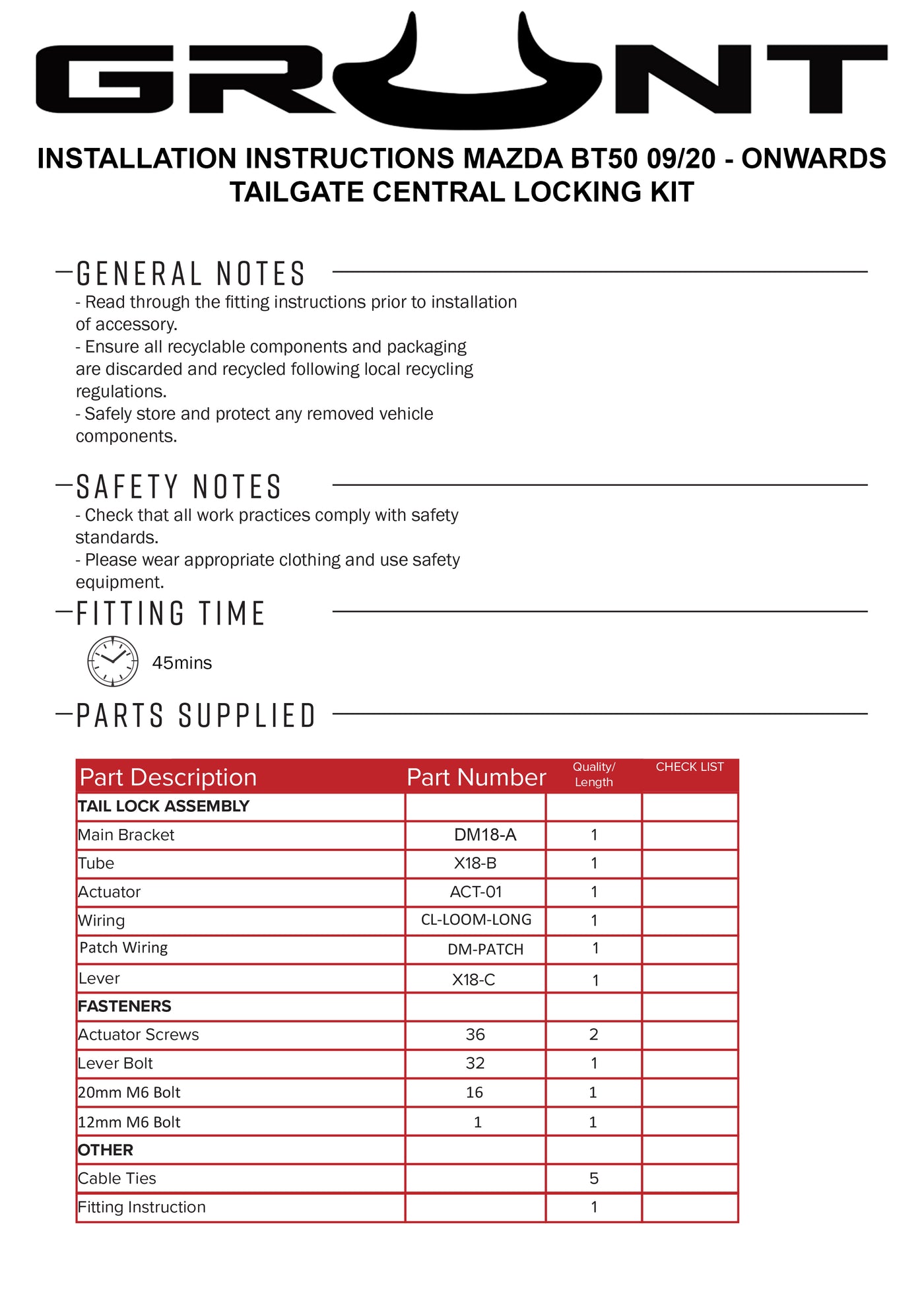 Grunt 4x4 Mazda BT-50 Tailgate Central Locking Kit Suit 9/2020-Onward